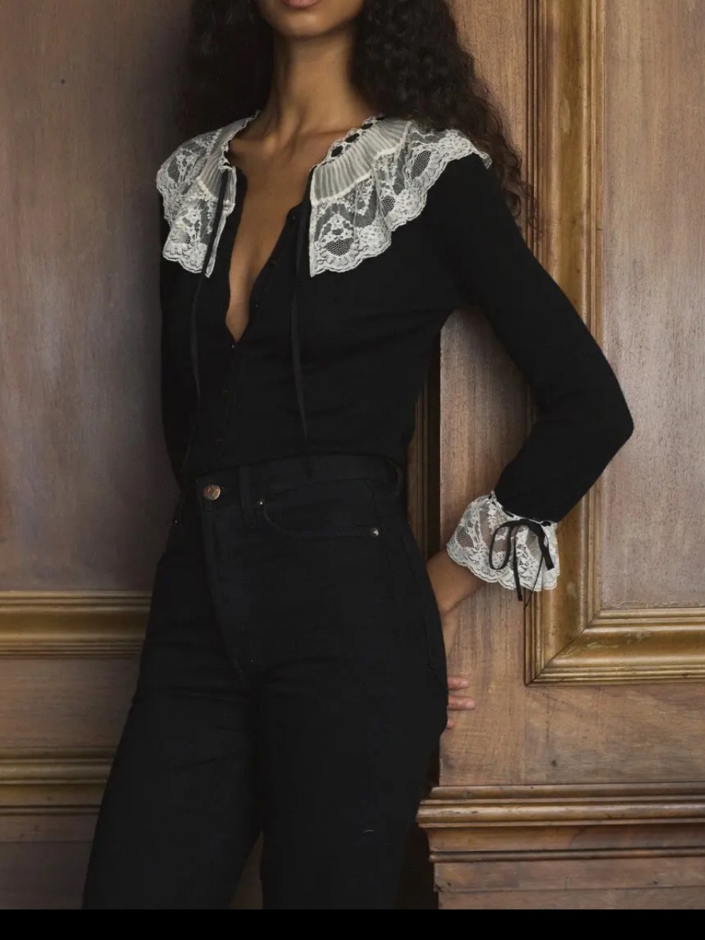 Doen Emilienne Cardigan Black Button Cardigan with Ivory Lace Collar, S - Picture 5 of 9